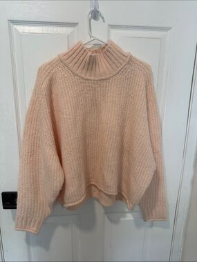 Pilcro by Anthropologie. Soft Knit High-Neck Sweater in Blush Pink, peach.